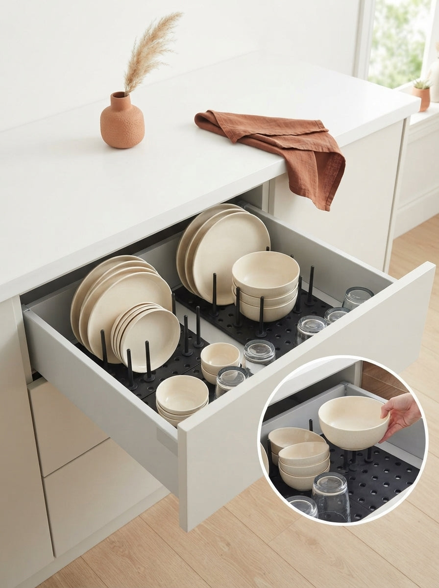 A kitchen drawer dish drying rack organizer filled with plates and bowls on a bright white countertop with terracotta decor.